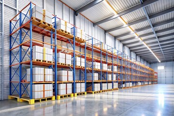 Modern Clean Warehouse Interior: Empty Space, White Concrete Wall, Organized Storage Shelves