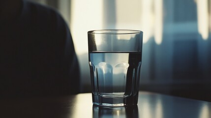 A glass of water sits on a table, catching the soft morning light, providing a peaceful moment of reflection and serenity.