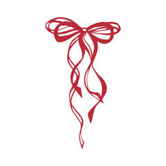 Red double bow. Isolated vector EPS object Line art hand-drawn illustration. Thin ribbon accessory. Coquette core. Decorative element for romantic invitation, greeting, wedding design. Graphic sketch.