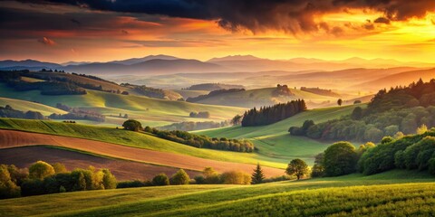 Fototapeta premium Vintage sunset paints rolling hills in warm golden light, a tranquil landscape.