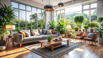 Fototapeta premium Modern Living Room Interior Design: Candid Shot of Cozy Space