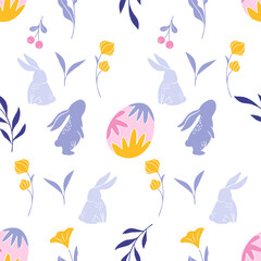 Seamless Easter pattern with decorative eggs, Easter bunny, flowers, berries and leaves in trendy flat style. Easter celebration concept for design, textile, wallpaper, and print