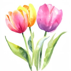Naklejka premium Two tulips are painted in watercolor, one pink and one orange