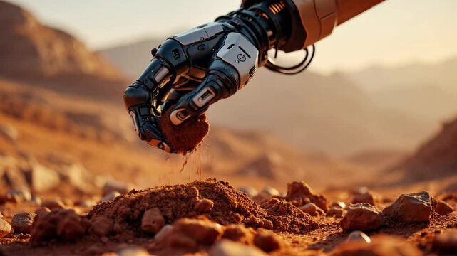 Robotic hand with metallic fingers analyzing Martian soil in a dusty, red desert landscape at sunset, symbolizing space exploration, AI, and advanced extraterrestrial research