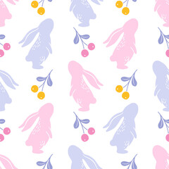 Fototapeta premium Easter&nbsp;seamless pattern with cute bunny and berries. Cute trendy design&nbsp;for&nbsp;textile, wallpaper, invitation, print