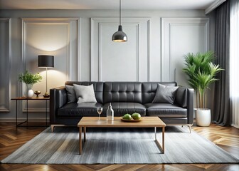 Modern Minimalist Living Room: Black Couch & Table Interior Design Stock Photo