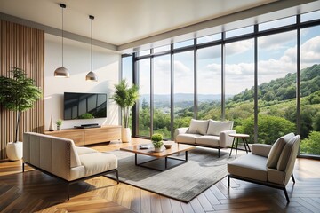 Modern Minimalist Living Room with Floor-to-Ceiling Windows, White Furniture, and Flat Screen TV