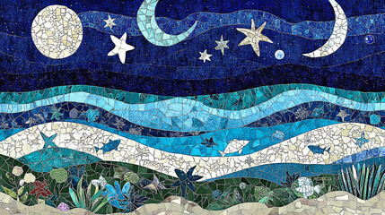 Coastal mosaic artwork, night ocean scene, beach, stars, website banner