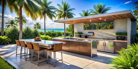 Modern Outdoor Kitchen & Tropical Bar: Sleek Design, Palm Tree View