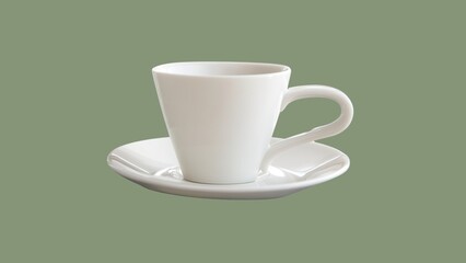Blank white ceramic coffee cup with saucer, customizable mockup for branding and logo design on soft green background.