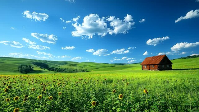 Rolling green fields with wooden barn under blue sky. Seamless looping 4K time-lapse animation video background