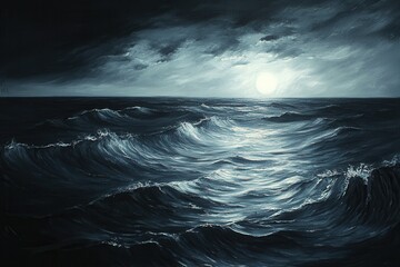 Fototapeta premium Dark Ocean Waves Under Moonlight with Dramatic Sky and Reflective Water Surface at Night