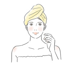 頭にタオルラップをして微笑む綺麗な女性のイラスト