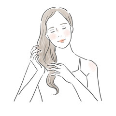 微笑みながらヘアケアをする髪の長い綺麗な女性のイラスト