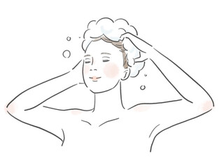 シャンプーで髪を洗う綺麗な女性のイラスト