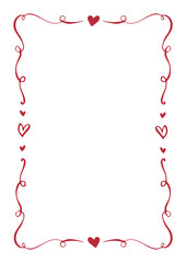 Vignette rectangle frame with hearts. Vector EPS template. Ornate decorative hand drawn line illustration. Whimsical vintage swirls for festive invitation, greeting postcard, gift certificate, card.