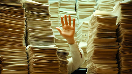 Office worker raising hand behind huge stacks of paper, overwhelmed by too much paperwork, bureaucracy or taxes concept