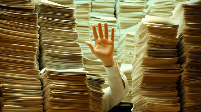 Office worker raising hand behind huge stacks of paper, overwhelmed by too much paperwork, bureaucracy or taxes concept