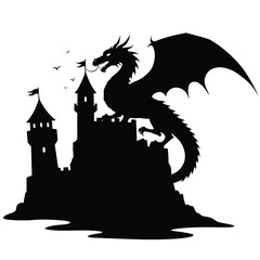 Silhouette vector illustration of a dragon and castle icon