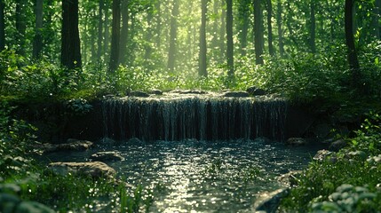 Obraz premium Sunlight filtering through trees illuminating a small waterfall scenery