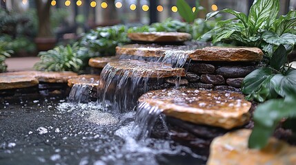 Serene indoor waterfall feature with natural stone and lush greenery