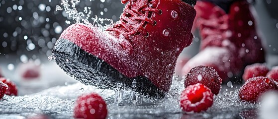 Red Boot Splashing in Water with Berries Creating a Dynamic and Refreshing Scene