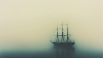 Fototapeta premium A ghostly ship emerges from dense fog, blending mysticism and nostalgia as it drifts serenely, whispering tales of centuries past.