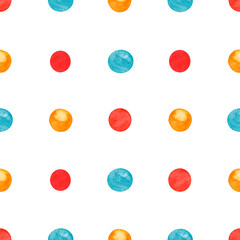 Abstract circles in a multicolor seamless watercolor pattern, hand-painted with a brush, create a textured polka dot effect. This design used for sale banners, posters, labels, or gift wrapping paper