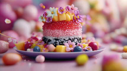 Obraz premium Delightful cake adorned with colorful flowers and fruits, perfect for celebrations