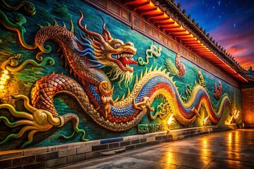 Fototapeta premium Mystical Chinese Dragon Mural, Long Exposure Night Photography, Ancient Asian Art