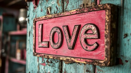 A sign made of wood has the word love carved into its letters