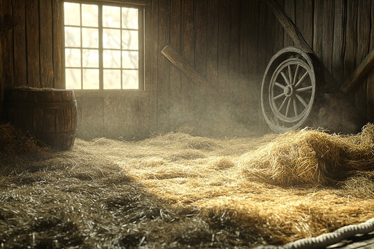 Rustic Charm An old barn interior bathed in golden light featuring hay and wooden wheel