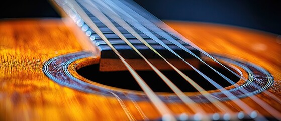 Obraz premium Acoustic guitar strings close-up, music, soundhole.