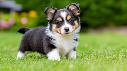 Playful puppy exploring a lush green garden, with colorful flower and a sunny backdrop