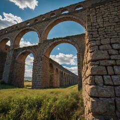 A pristine Roman aqueduct stretching across the countryside with no modern elements.