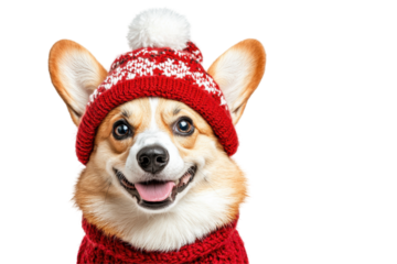 A cheerful corgi wearing a festive red knitted hat and sweater, brightening up the winter season. transparent PNG