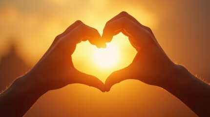 A creative shot of hands forming a heart shape against a bright sun flare