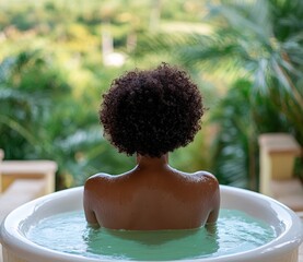 black woman view from back is enjoying an outdoors bath in a white bath tube, with view on a green exotic garden. Summer vacation in paradise concept