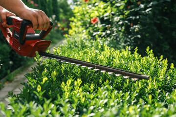 Close-up of an electric hedge trimmer cutting boxwood in a sunny garden. Ideal for yard upkeep,...