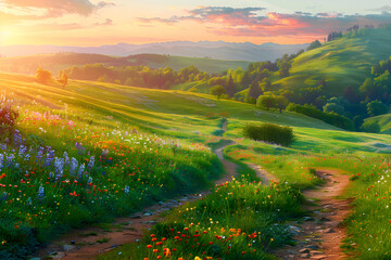 Obraz premium Tranquil Countryside Landscape at Sunset with Rolling Hills, Wildflowers, and a Winding Path Under a Pastel-Colored Sky