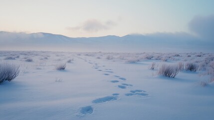 Footprints lead into a vast, snowy landscape under delicate sunrise hues, evoking solitude and wanderlust.