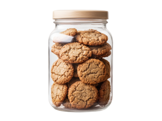 A glass jar filled with freshly baked cookies, with a wooden lid on a white background. transparent PNG
