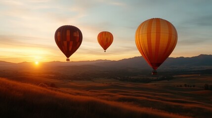 Fototapeta premium Three striking hot air balloons are silhouetted against a spectacular sunset skyline, creating a breathtaking visual that captures the essence of adventure and freedom in flight.