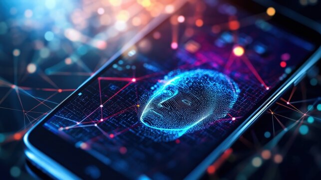 An intimate shot of a smartphone displaying a face recognition graphic alongside intricate visualizations of encrypted data packets with light beams connecting them conveying a sense