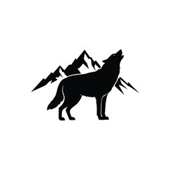 Silhouette vector illustration of a wolf and mountain icon