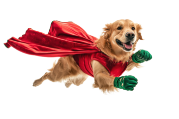 A golden retriever dressed as a superhero, flying with a red cape and green gloves against a white background transparent PNG