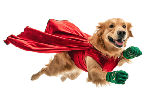 A golden retriever dressed as a superhero, flying with a red cape and green gloves against a white background transparent PNG