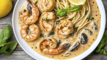 Creamy shrimp pasta with lemon, basil, and black olives on plate
