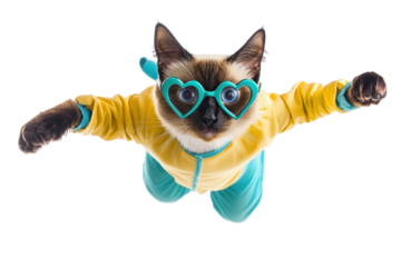 A playful cat dressed in a colorful outfit, soaring through the air with stylish glasses transparent PNG