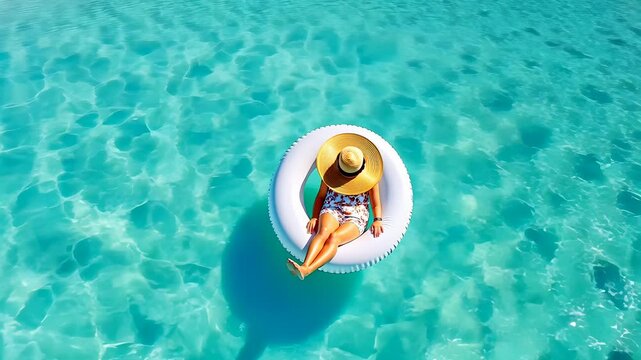 Smiling woman in sunglasses and straw hat floating leisurely on water during tropical resort getaway tourism concept relaxing on a pool video 4k